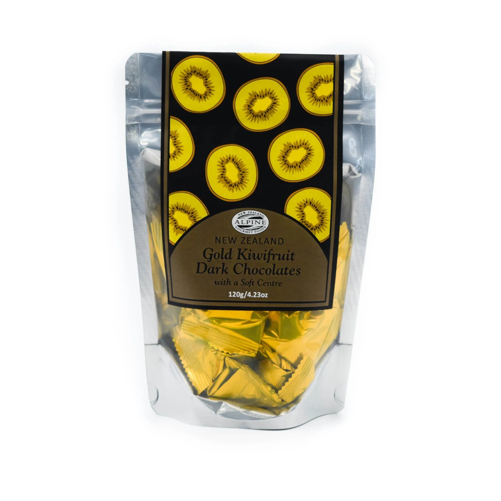 A stand-up pouch of Selen New Zealand Gold Kiwifruit Dark Chocolates with Salt Crème, featuring a black label with yellow kiwi slices and gold foil-wrapped chocolates visible through the clear lower section, on a white background.