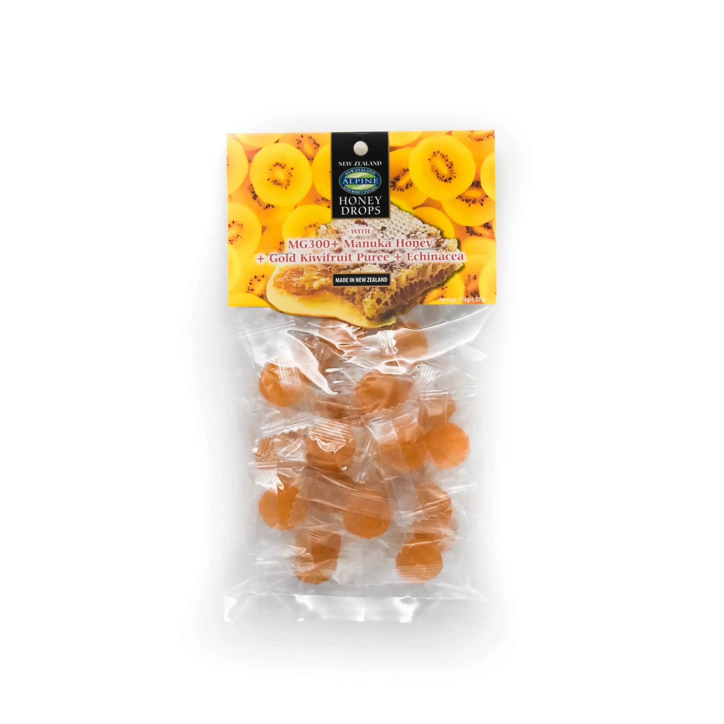 Packaging of Alpine Gourmet Foods Manuka Honey Gold Kiwifruit Echinacea Drops showing the product in a clear plastic pouch with a yellow and black label featuring the brand and product name.