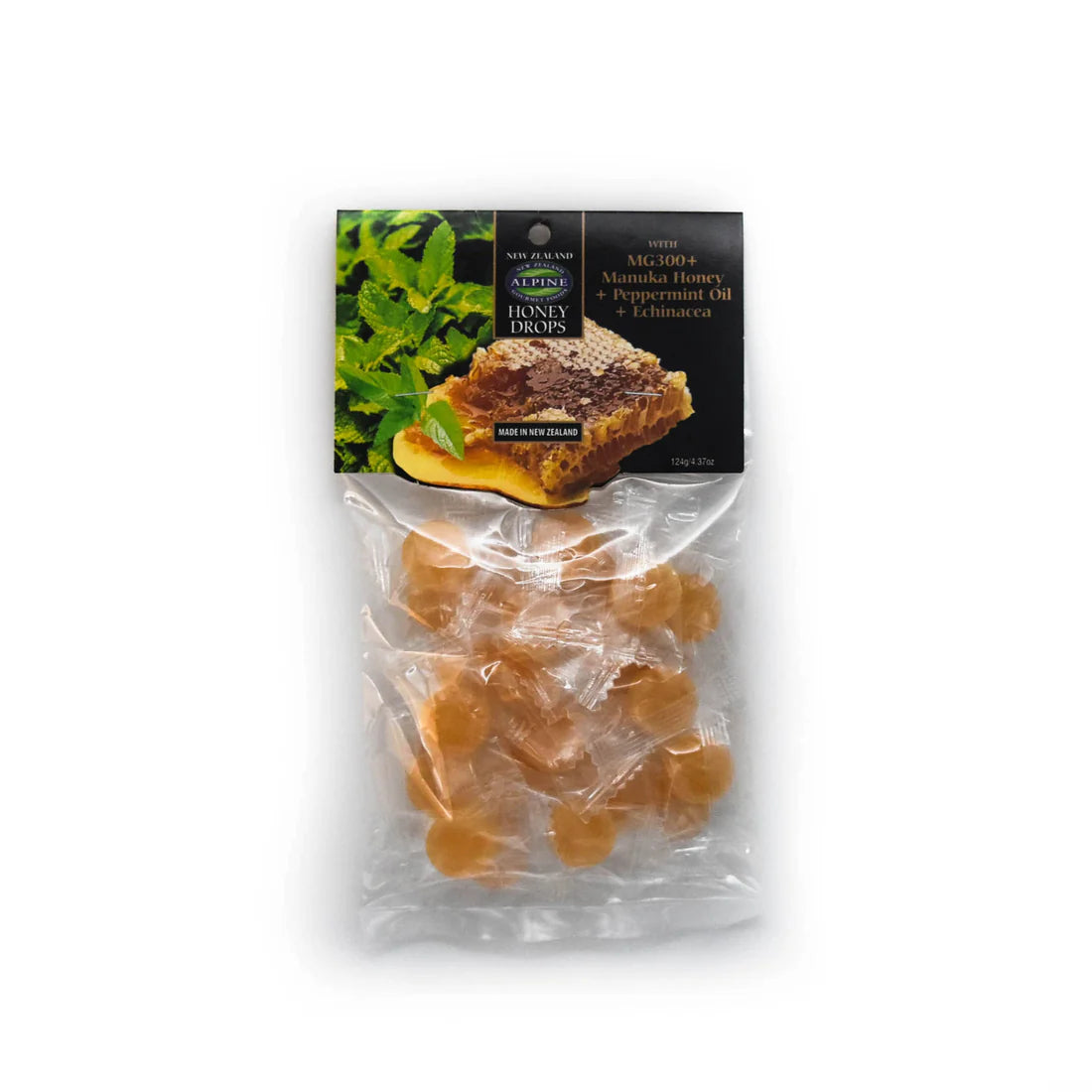 Packaging of Alpine Gourmet Foods Manuka Honey Peppermint Oil Echinacea Drops, showing the product in a clear plastic bag with a green and black label.
