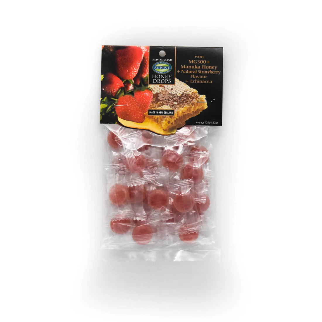 Packaging of Manuka Honey Strawberry Echinacea Drops showing the product in a clear plastic bag with a label and a picture of the honey and strawberries.