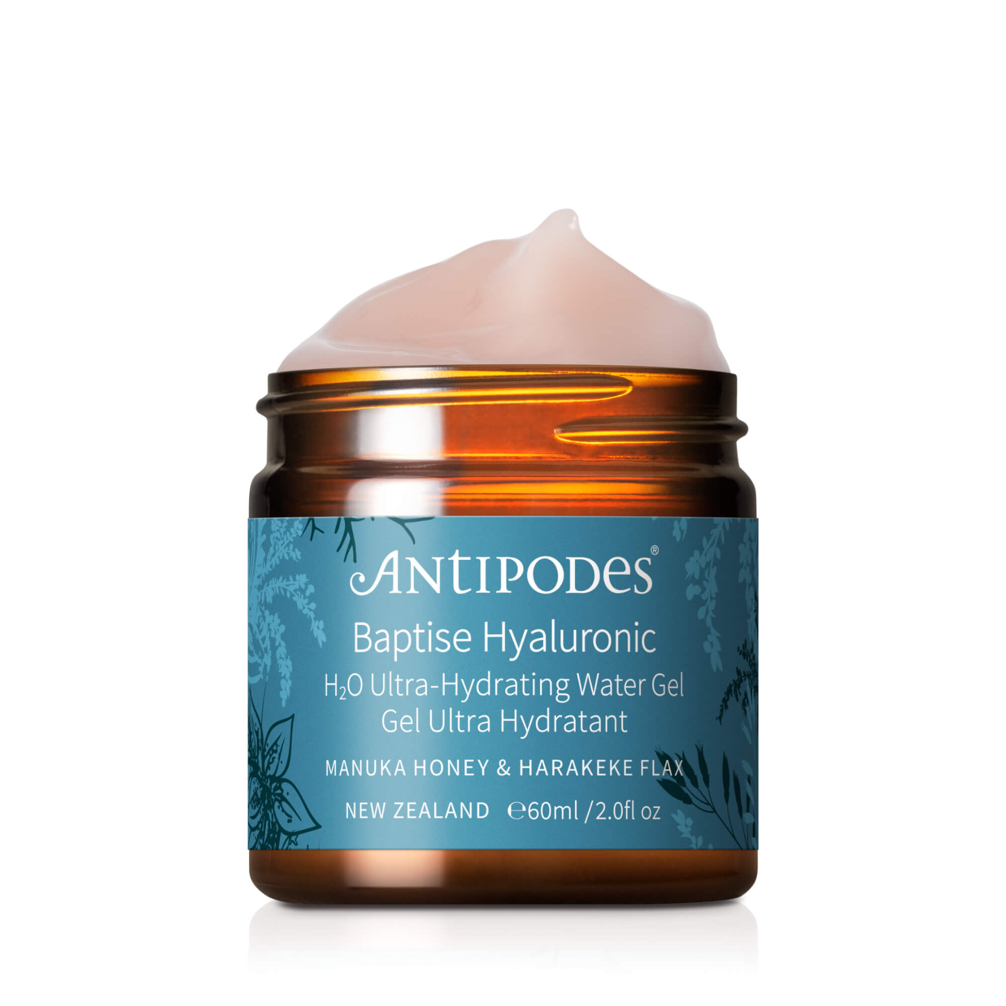 A jar of Antipodes Baptise H2O Ultra-Hydrating Water Gel with a pump dispenser, featuring a label with blue and green design elements and text, indicating it is a product made in New Zealand.