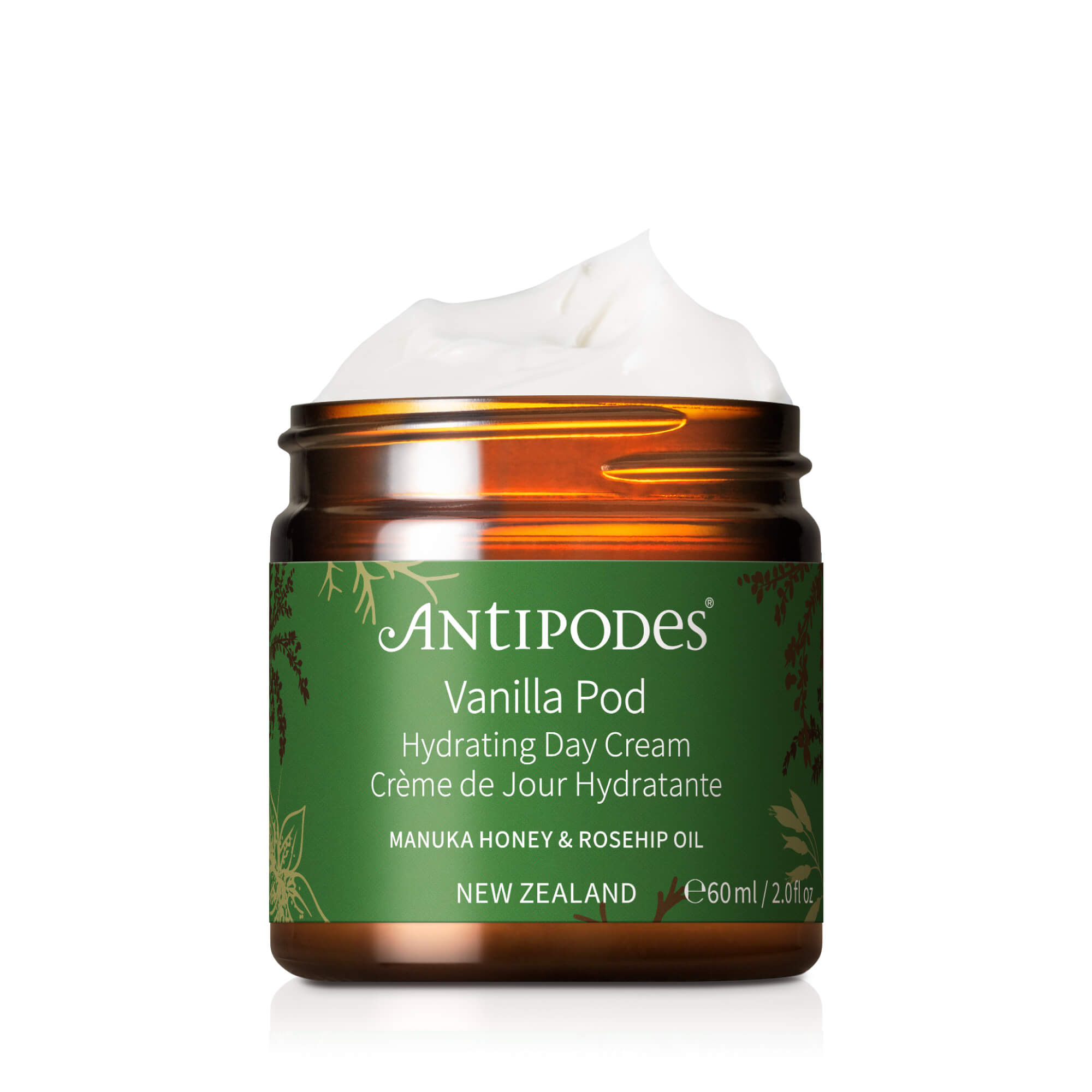 A jar of Antipodes Vana Pod Hydrating Day Cream with a green label, highlighting Manuka honey and rosehip, indicating it's a vegan product.