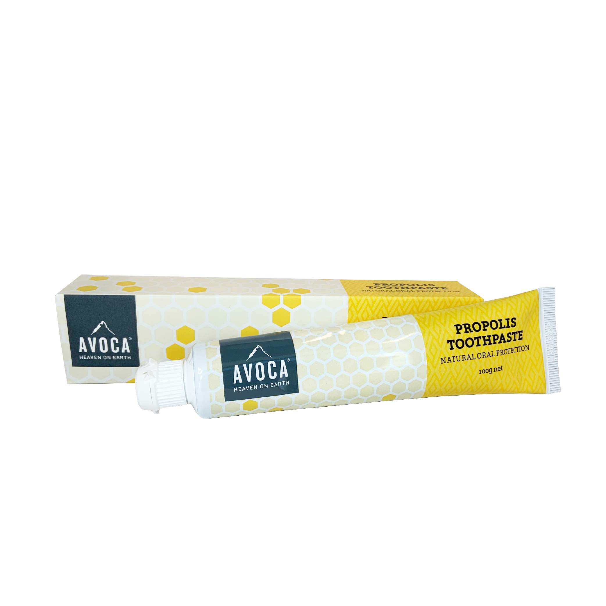 Avoca propolis toothpaste tube with packaging on a white background