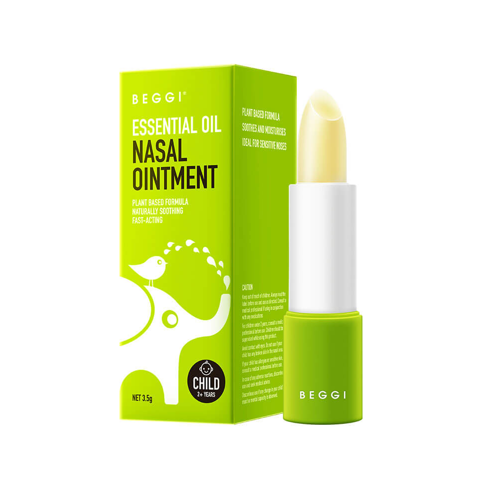 BEGGI Essential Oil Nasal Ointment packaging with green box and white tube on a white background