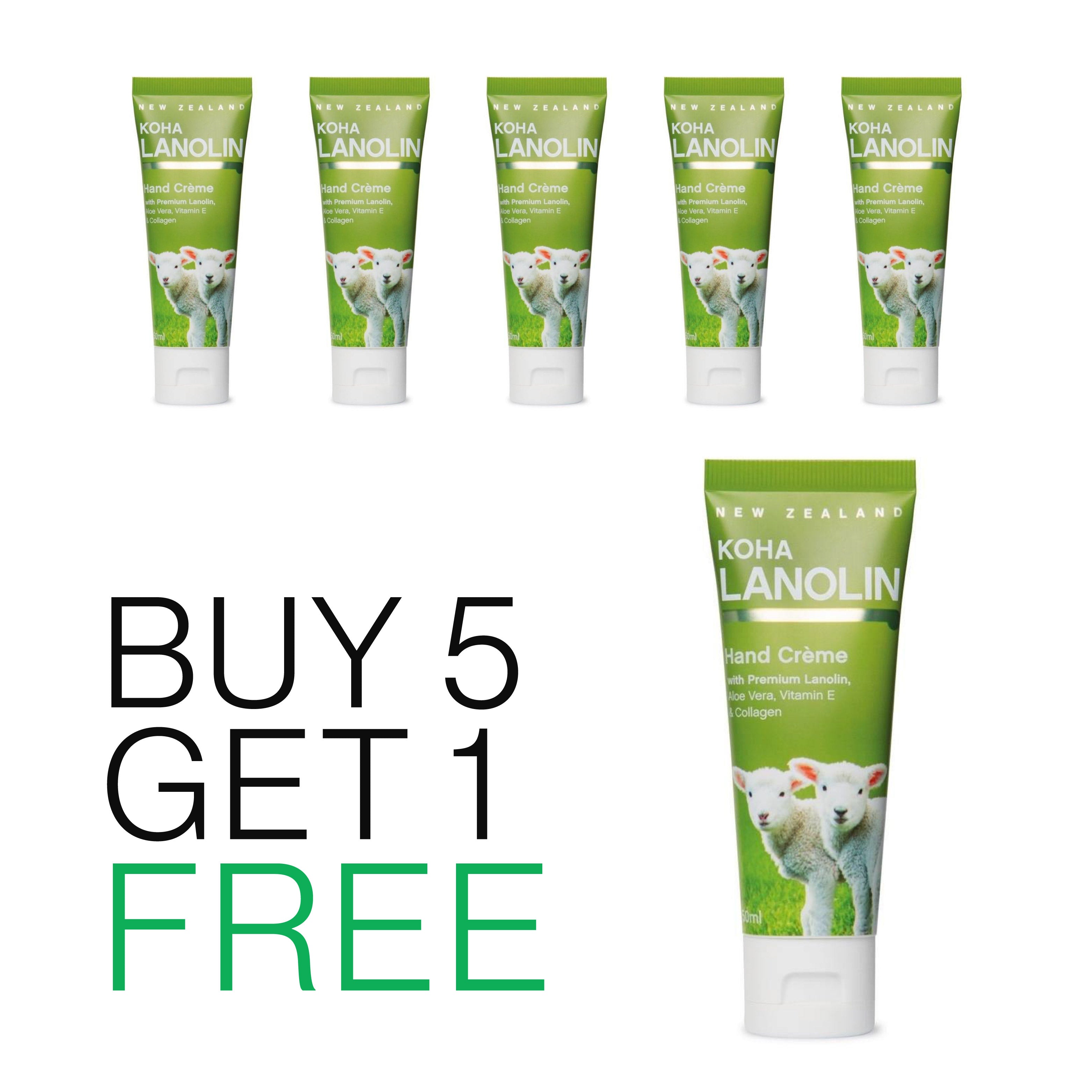 A set of five tubes of Koha Lanolin Hand & Body Lotion, each tube with a green label featuring a sheep's face. The text on the image indicates that one tube is buy-one-get-one-free.