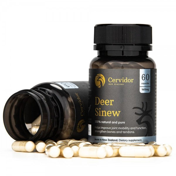 Cervidor Deer Sinew supplement bottle with capsules on a white background