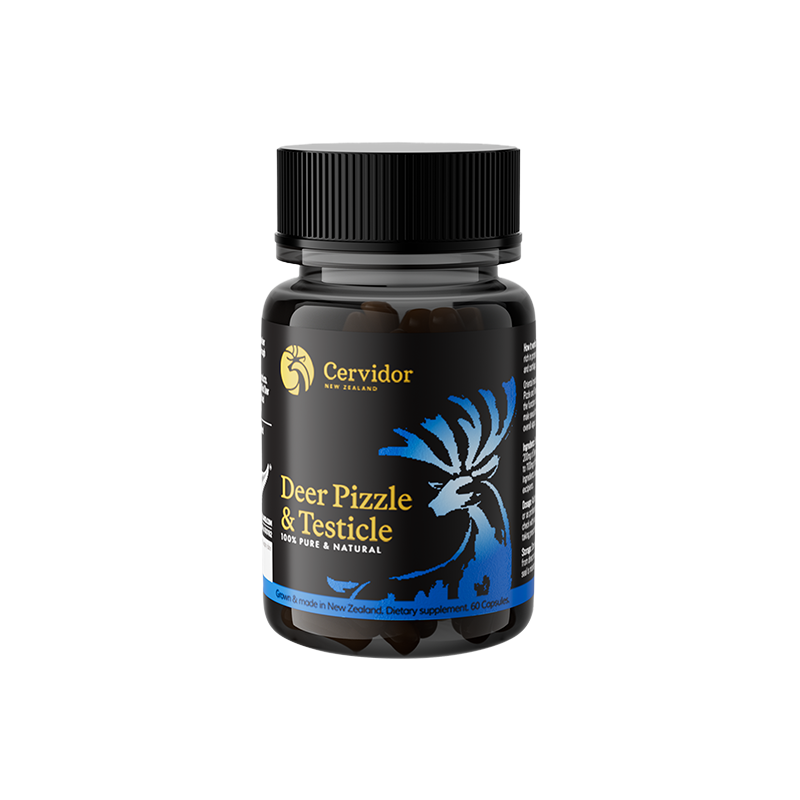 A black bottle of Cervidor Deer Pizzle & Testicle herbal supplement with a black cap, featuring a label with a blue deer graphic and gold text, set against a plain white background.