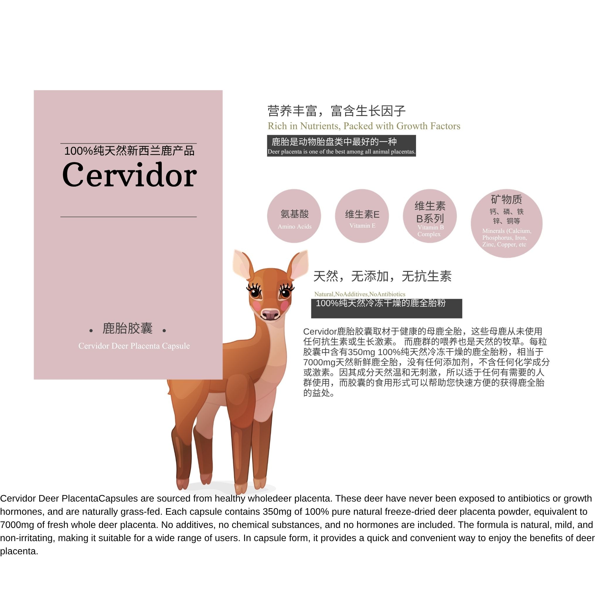 Cervidor Deer Placenta Capsules packaging shown on a white background with a deer illustration and Chinese descriptive text. The box is light pink with black text and a brown-and-cream deer graphic on the front.