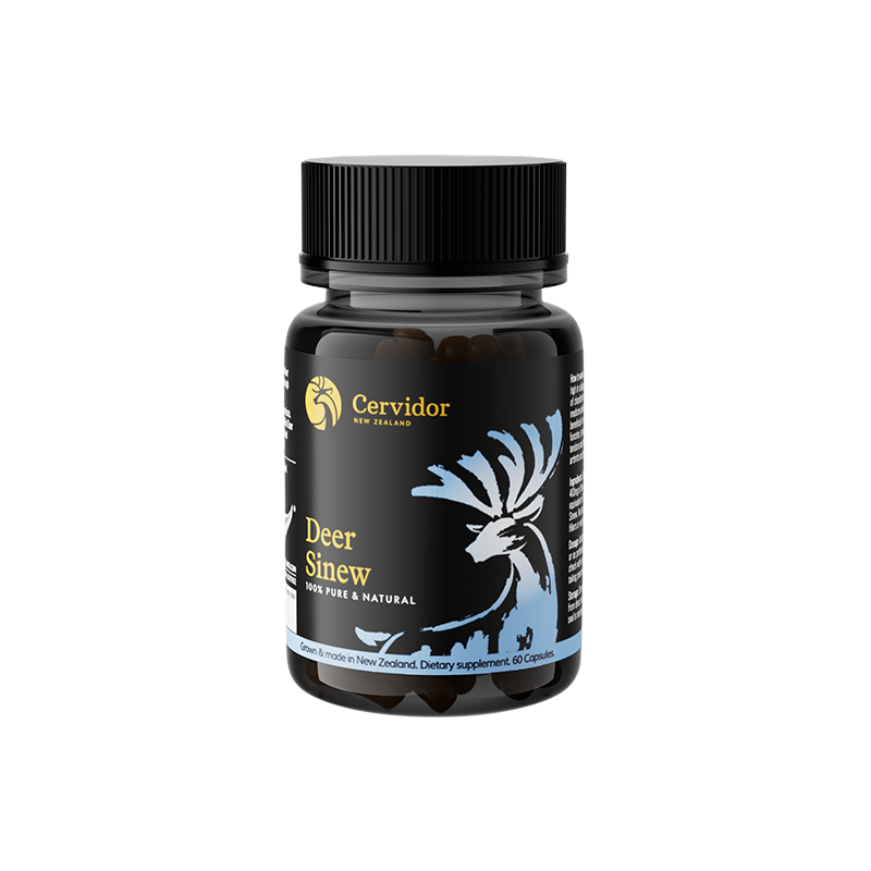 A bottle of Cervidor New Zealand Deer Sinew herbal supplement, featuring a black plastic bottle with a black ribbed cap and a black label decorated with a light blue deer graphic and gold text.