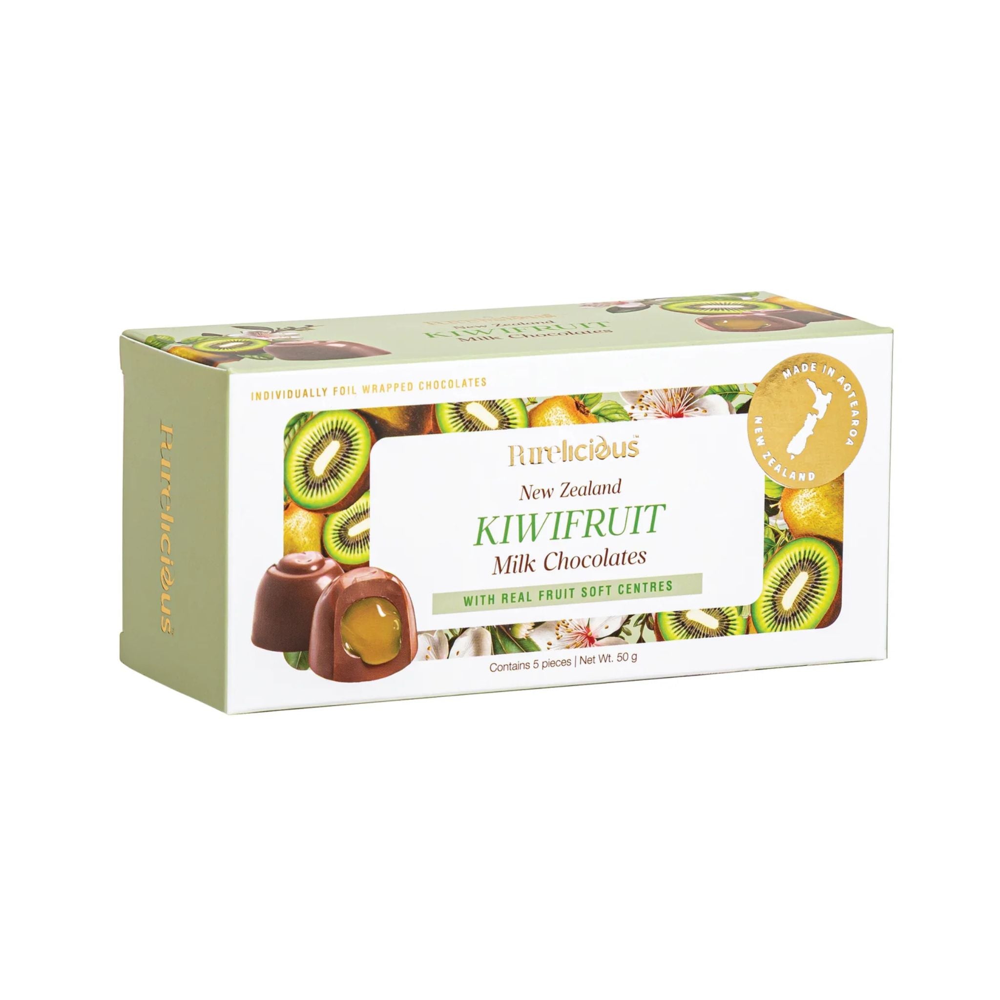 A box of Purelicious Kiwifruit Milk Chocolates on a plain white background. The packaging is light green and white, decorated with images of kiwi slices, strawberries, and a chocolate milk chocolate piece with a kiwi fruit center.