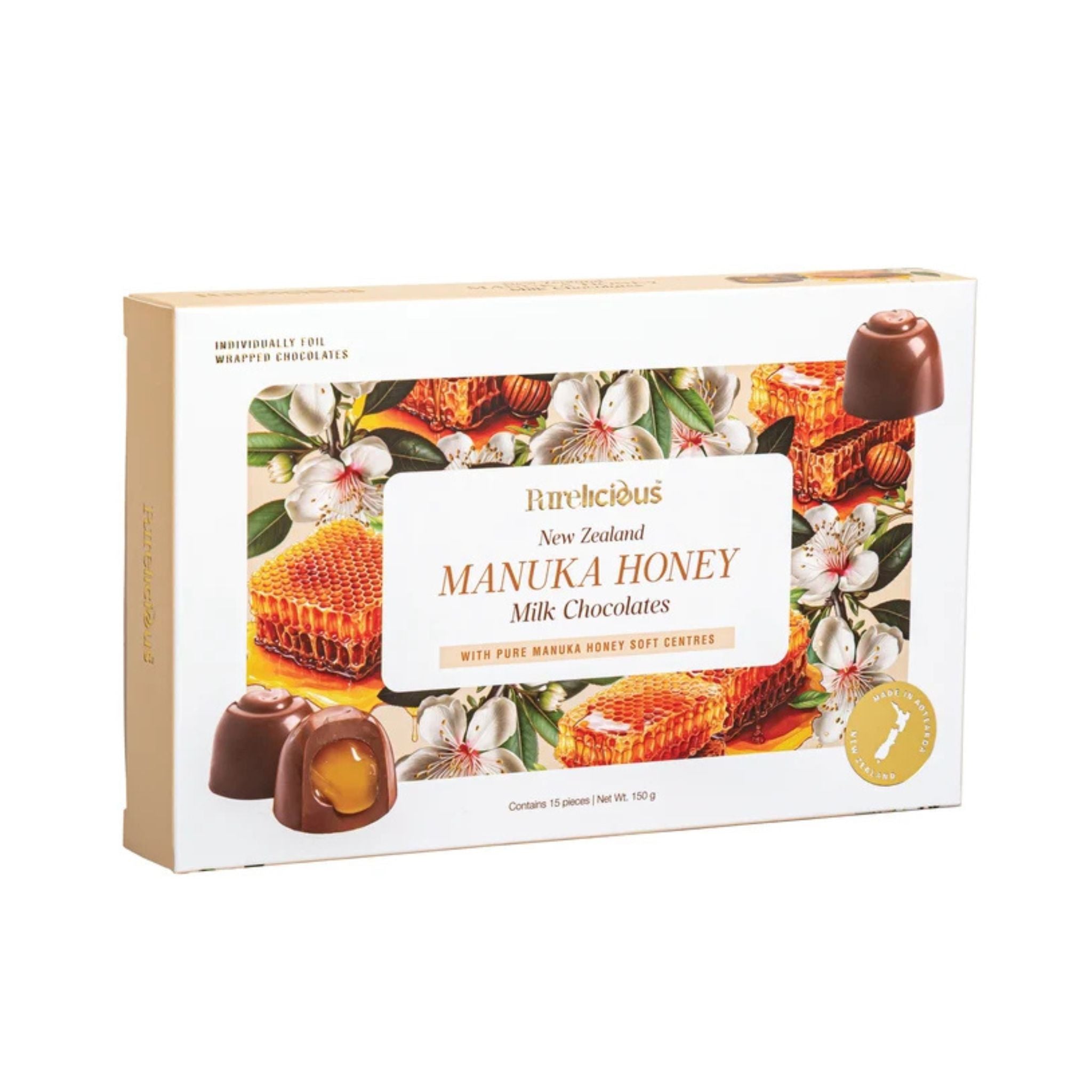 A rectangular box of Rivthiรฉus Manuka Honey Milk Chocolates on a plain white background. The packaging features a cream-colored border and a colorful front illustration with honeycomb, white flowers, leaves, and several chocolate pieces, including one cut open to show the honey filling.