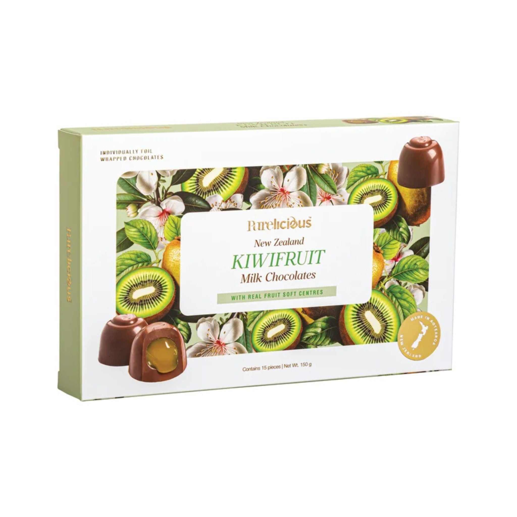 A box of Purelicious New Zealand Kiwifruit Milk Chocolates on a plain white background. The packaging features a white background with a colorful illustration of kiwi slices, green leaves, and white flowers, with two chocolate pieces shown in the lower left corner.