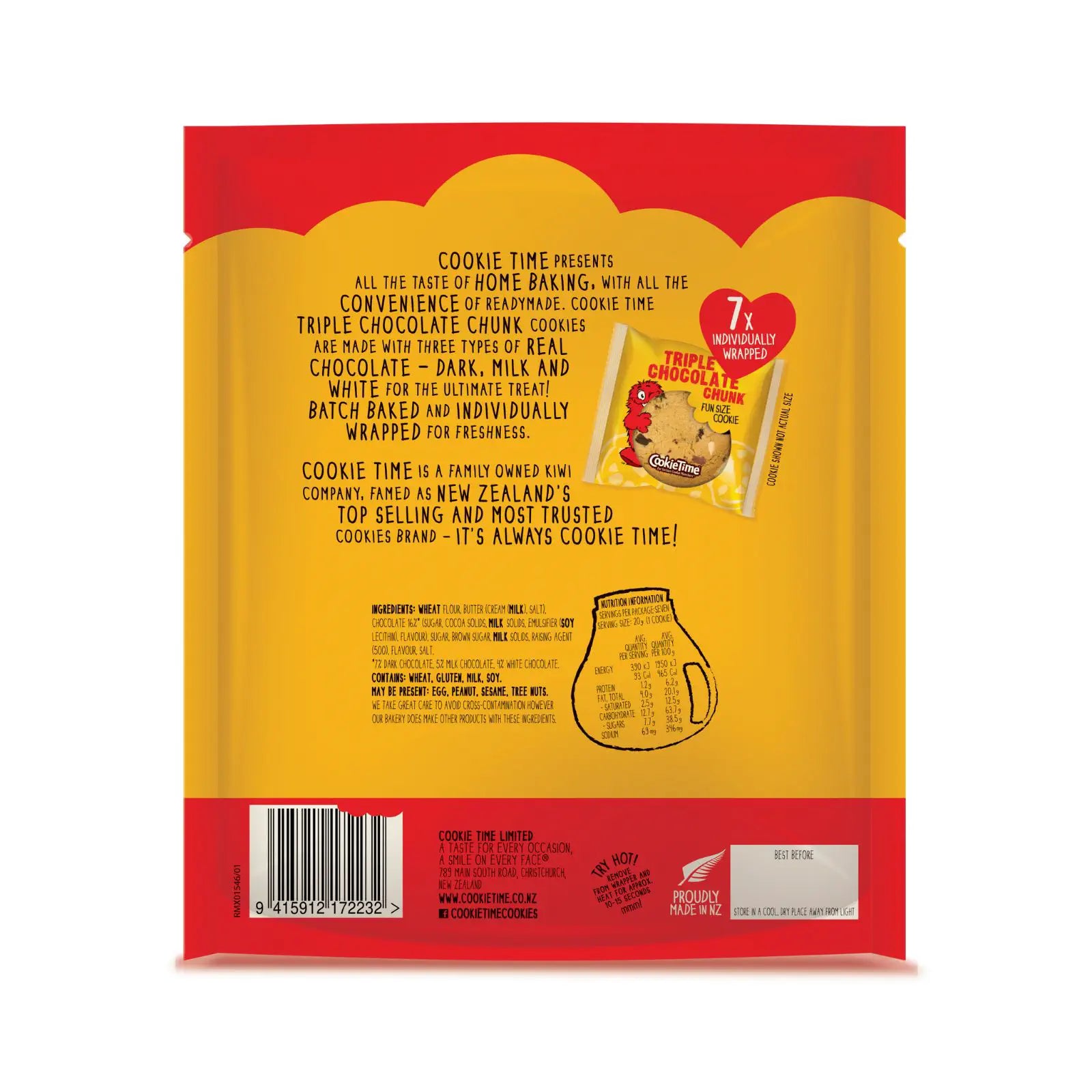 Back of a Cookie Time Triple CHocolate cookie package with text and branding on a white background