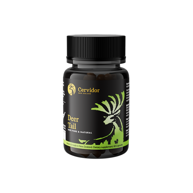 A black bottle of Cervidor New Zealand Deer Tail herbal supplement capsules, featuring a black label with a green deer graphic and gold text, set against a plain white background.