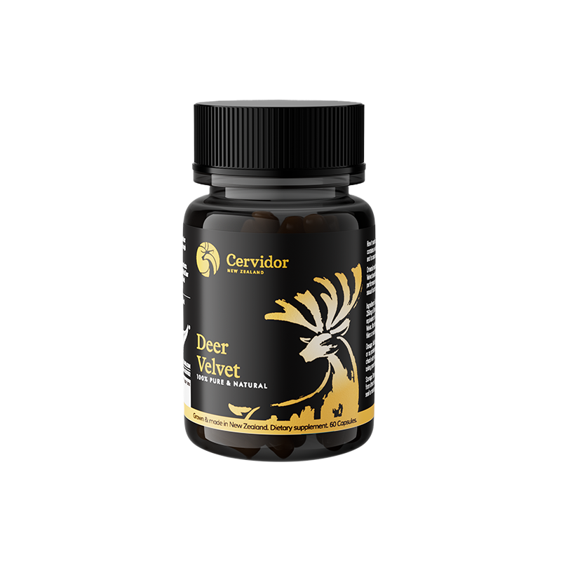 A bottle of Cervidor New Zealand Deer Velvet pet supplement, featuring a black bottle and cap with a black label decorated with a gold deer graphic and text.