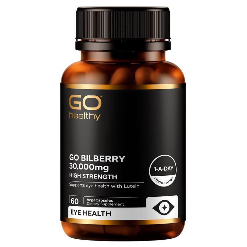 Bottle of GO Bilberry 30,000mg supplement with black and gold label on a white background