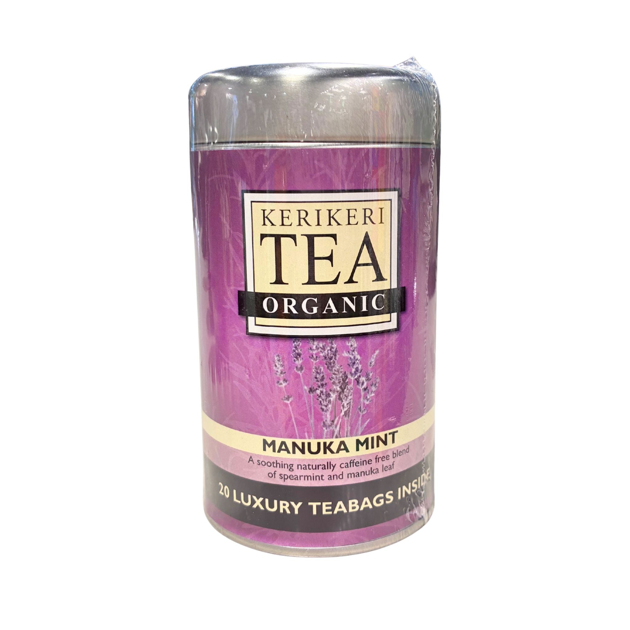 A cylindrical tin of Kerikeyi Tea Organic Manuka Mint tea, wrapped in clear plastic, on a plain white background.