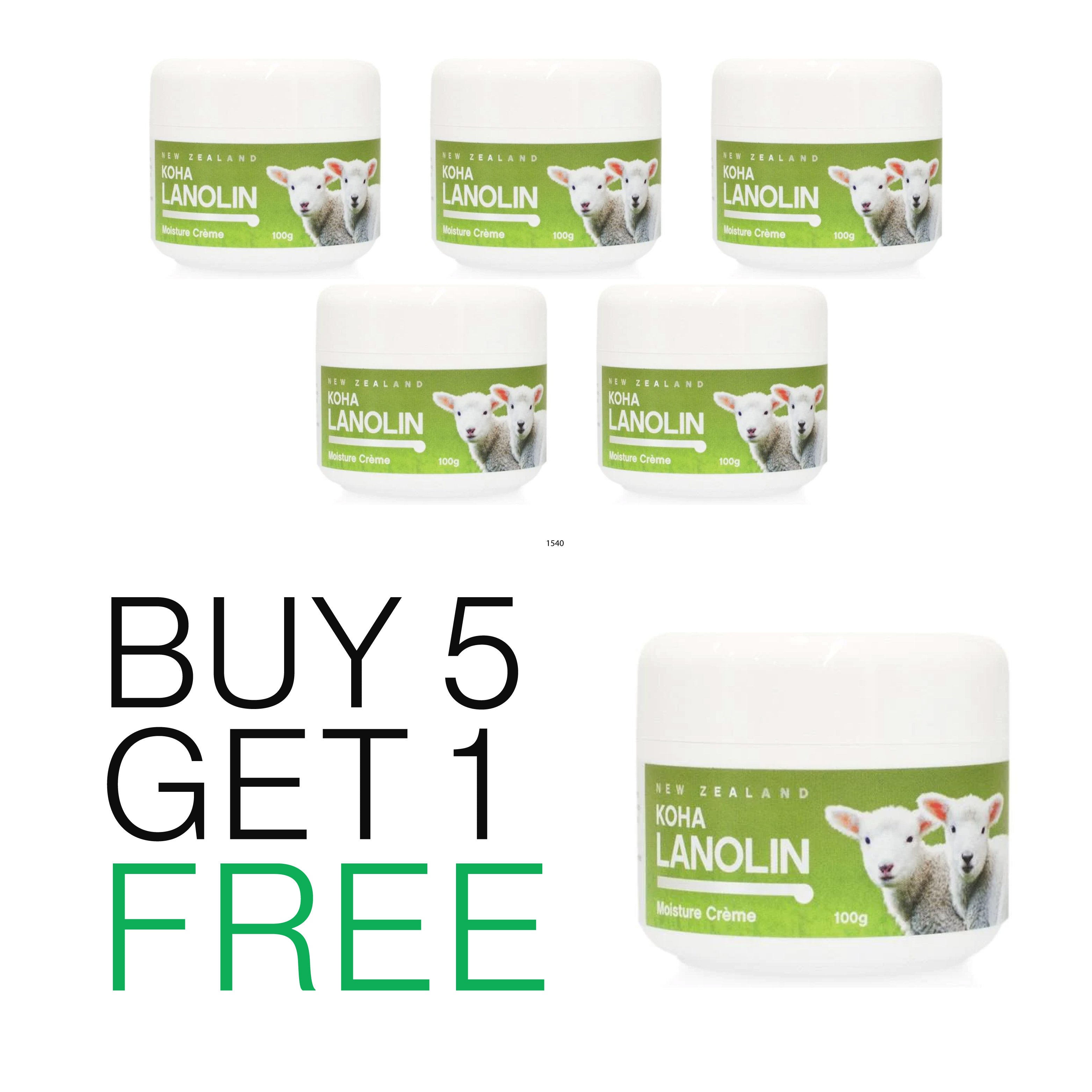 Five jars of Koha Lanolin Moisture Cream with a buy 5 get 1 free offer label, featuring an image of a sheep on the label.