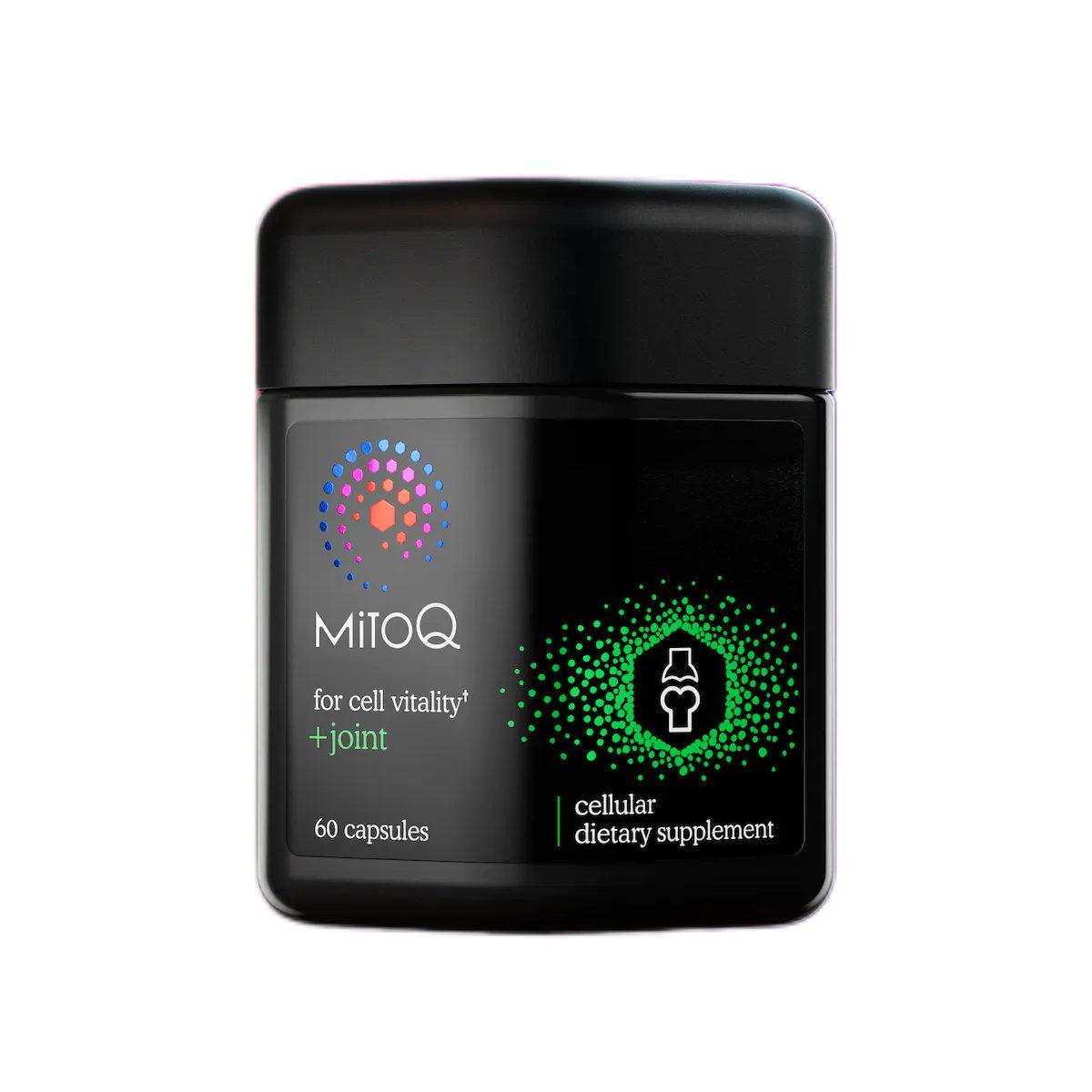 A container of MitoQ joint support supplement capsules, indicating it contains 60 capsules for cellular vitality and joint health.