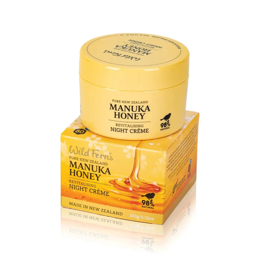 Manuka Honey revitalizing night crème jar and packaging on a white background