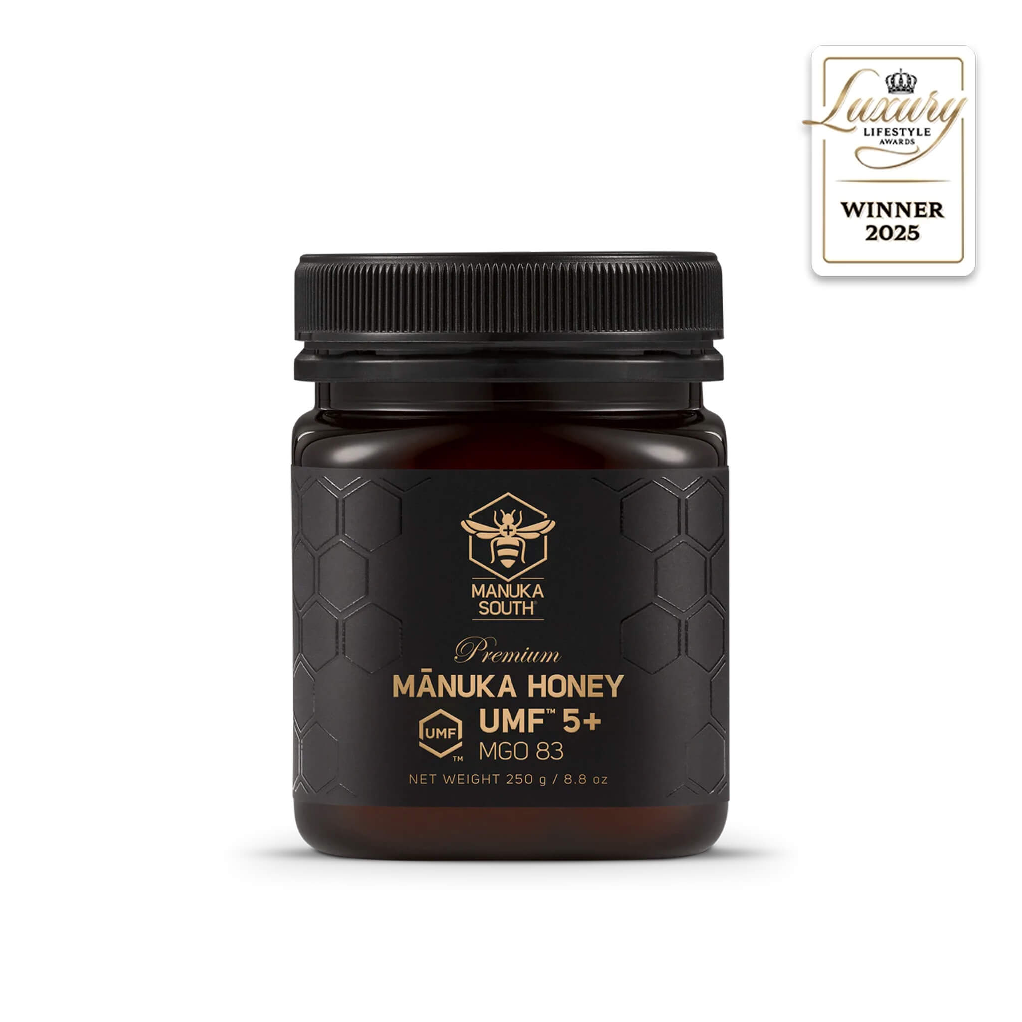 Jar of Manuka South Manuka Honey UMF5+ 250g with a black lid on a white background