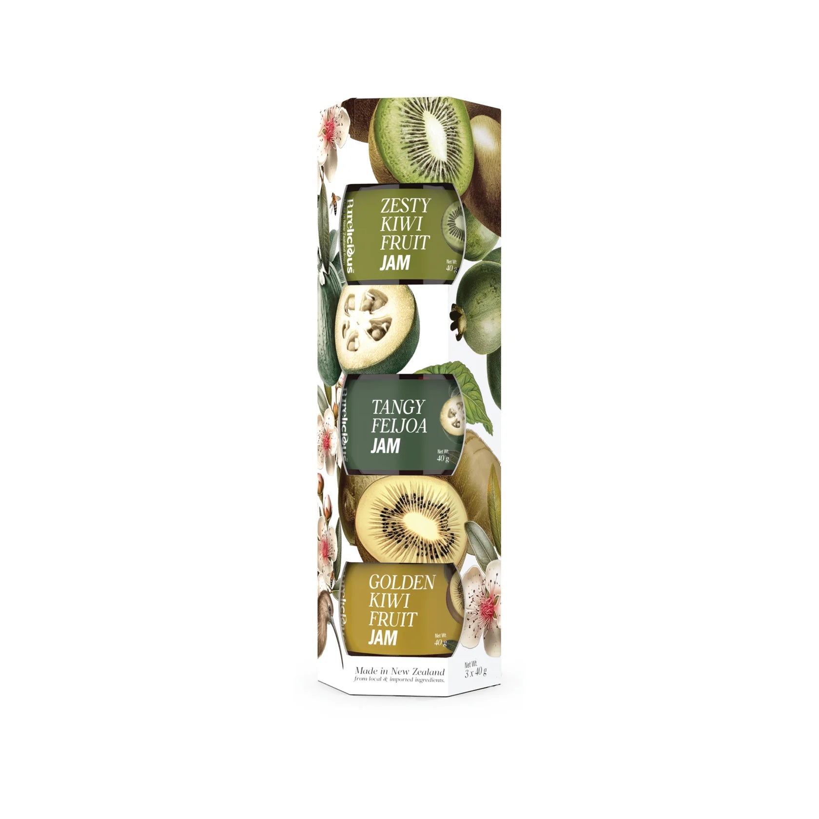 A tall rectangular box of fruit jam with kiwi illustrations and text reading 'Zesty Kiwi Fruit Jam', 'Tangy Feloa Jam', and 'Golden Kiwi Fruit Jam' on a white background.