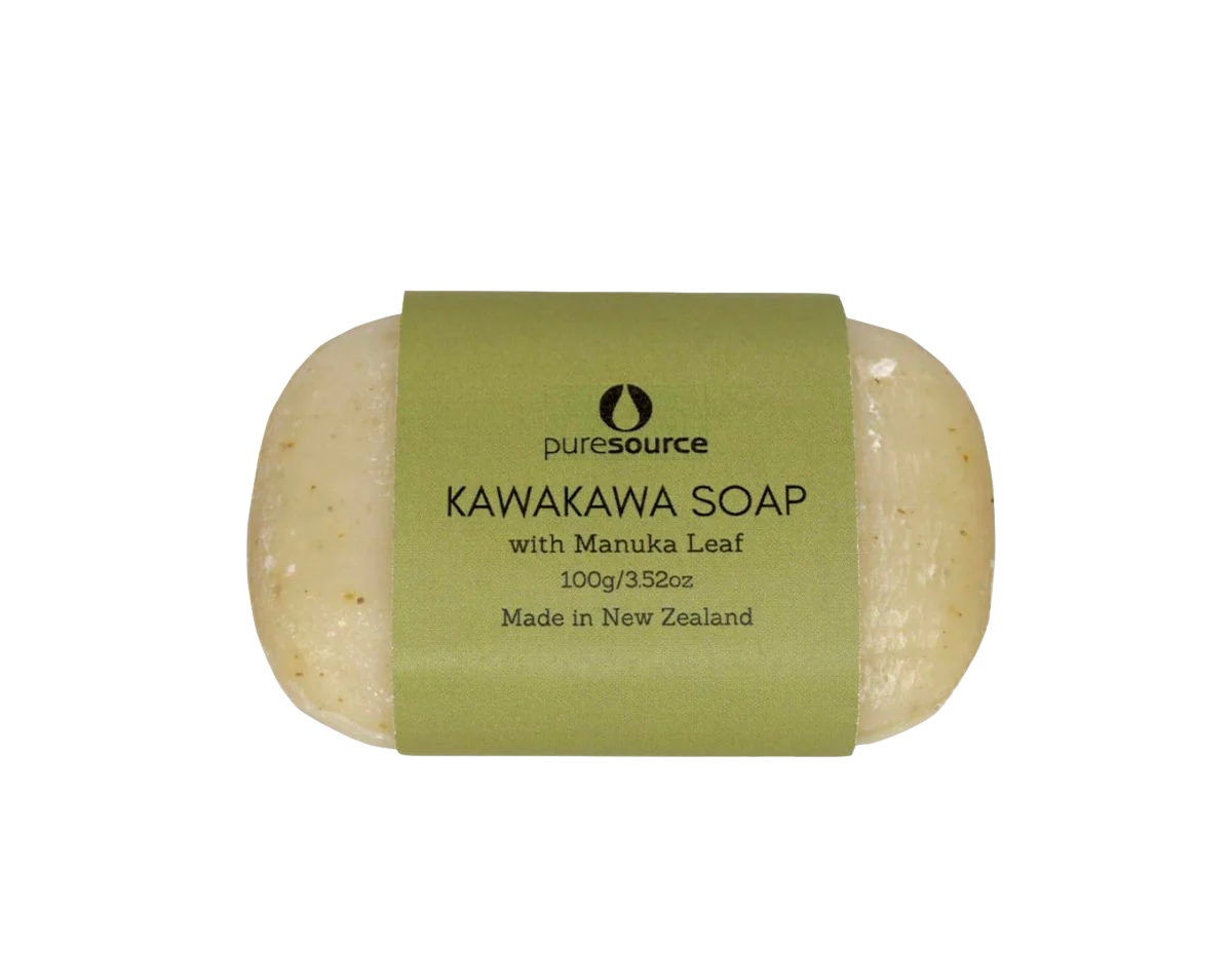 A bar of Puresource Kawakawa Soap with a green paper label, shown on a plain white background.