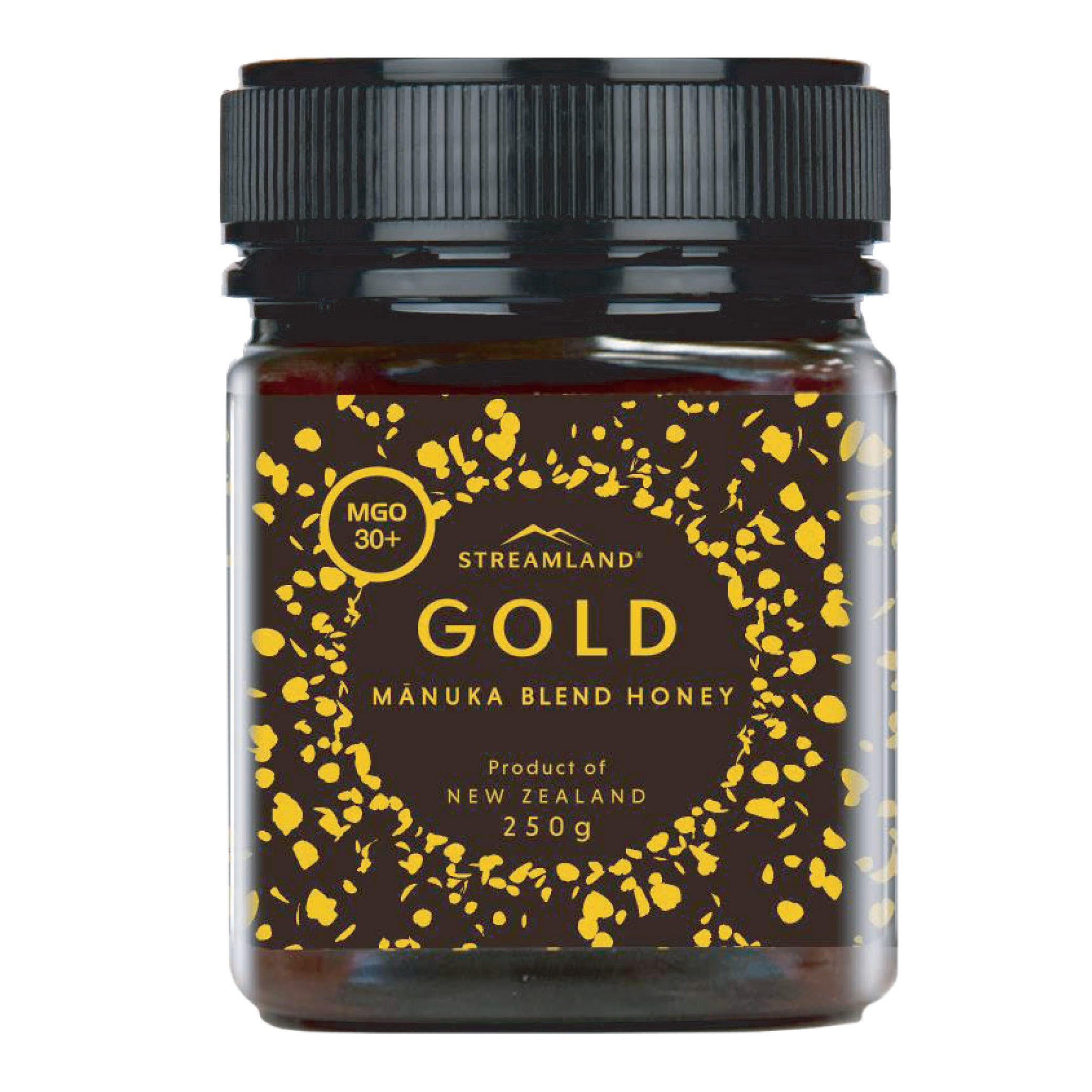 A jar of Streamland Manuka Blend Honey with a label indicating 250g weight and the product's origin from New Zealand.