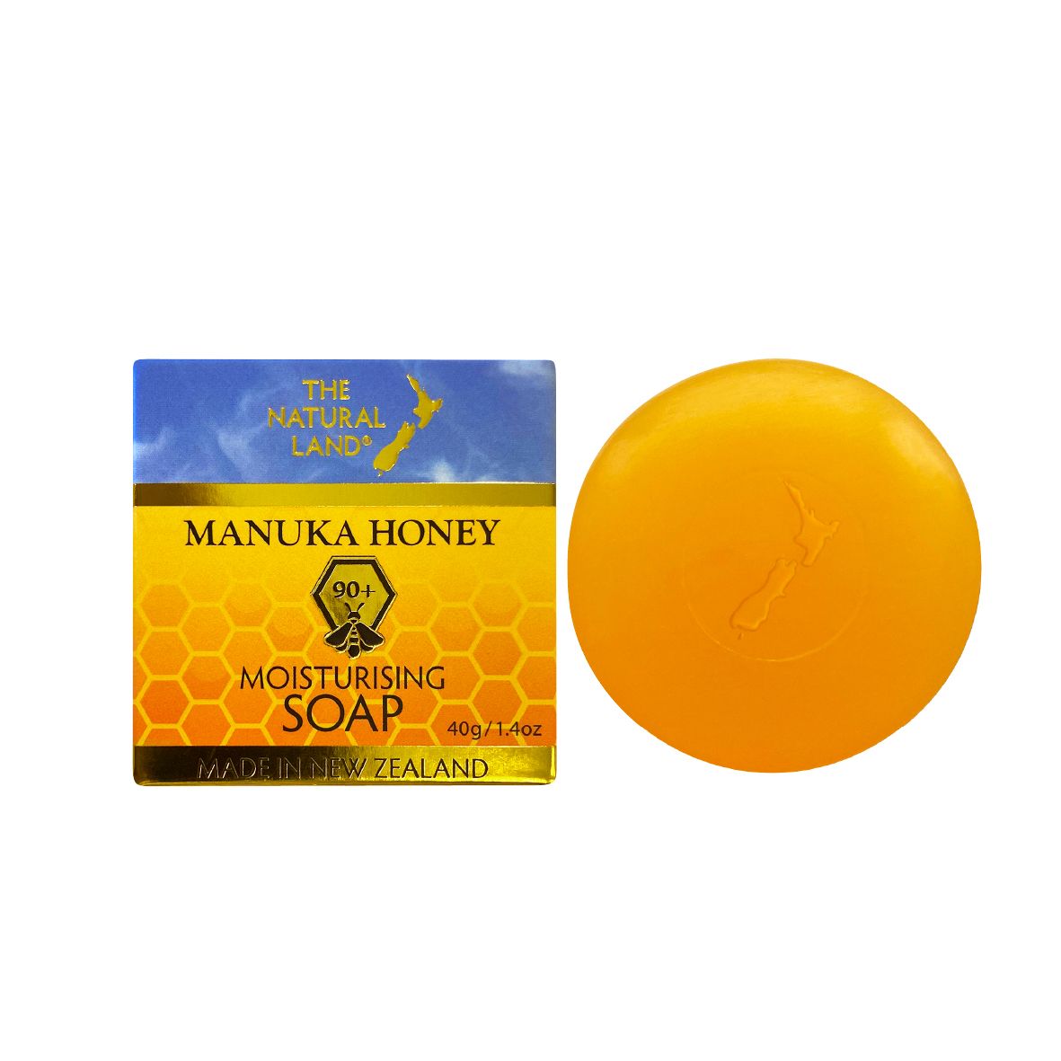 The Natural Land Manuka Honey moisturizing soap with packaging on a white background