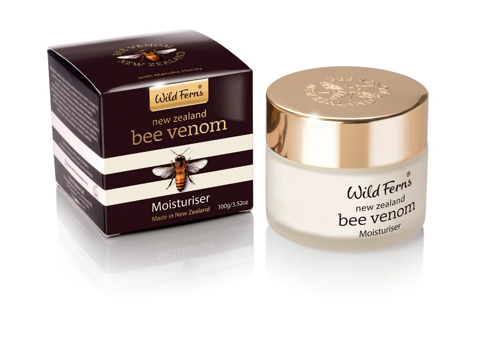 Wild Ferns New Zealand bee venom moisturizer jar and packaging on a white background