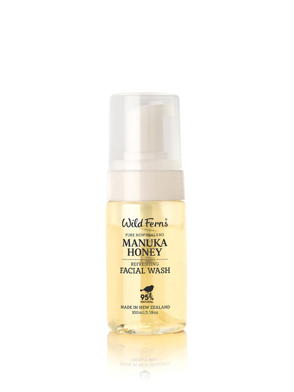 Facial wash bottle labeled 'Manuka Honey' by Wild Ferns on a white background