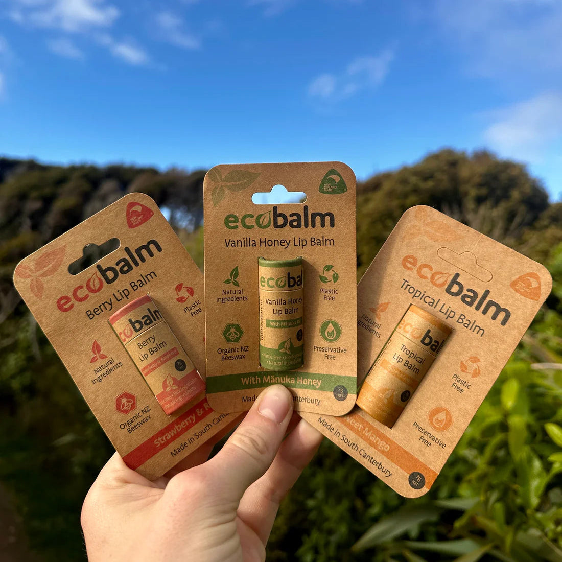 Hand holding three packages of ecoBalm lip balm against a natural background
