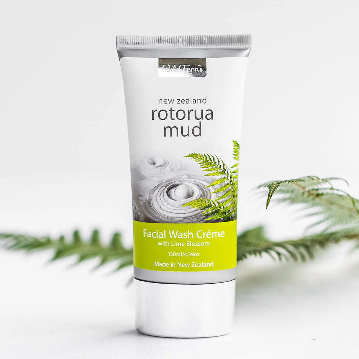 Tube of Wild Ferns Rotorua Mud Facial Wash Crème with New Zealand fern on a white background