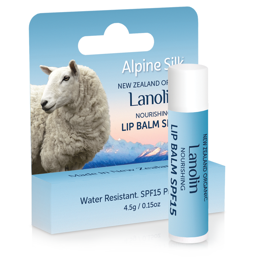 Alpine Silk Organic Lanolin Nourishing Lip Balm SPF15 4.5g - Ingredient: Jojoba Seed Oil, Ingredient: Lanolin, Ingredient: Vitamin E, nz made, Price $7-$50, Vender: Alpine Silk, Vendor Alpine Silk - Aotea Wellness