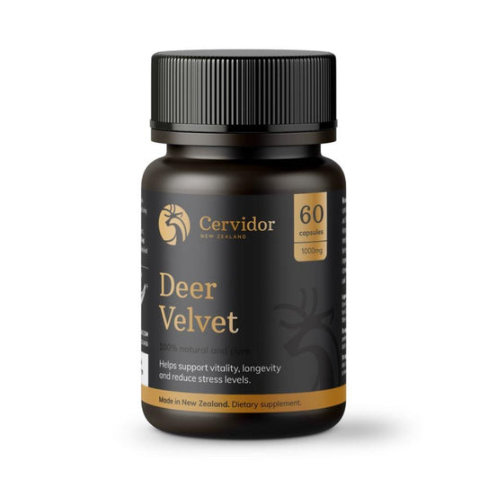 Cervidor Deer Velvet 1,000mg 60 Capsules - Function: Stress, Ingredient: Deer Velvet, new august 2020, nz made, Price  $50-$150, Vender: Cervidor, Vendor  Cervidor - Aotea Wellness