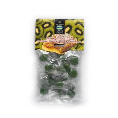 Packaging of Alpine Gourmet Foods Manuka Honey Kiwifruit Echinacea Drops with a clear display of the green drops and a background featuring a kiwifruit slice.