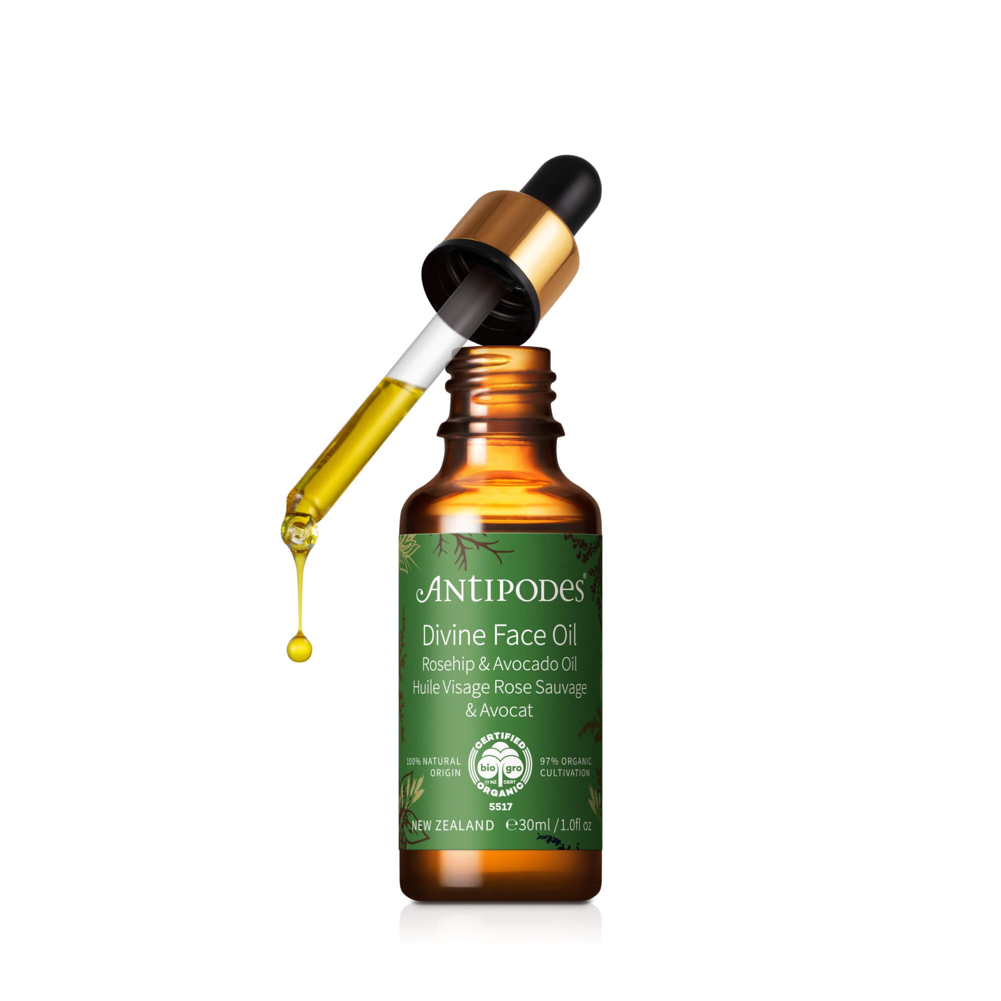 A bottle of Antipodes Divine Face Oil with rosehip and avocado, 30ml size, displayed against a white background.