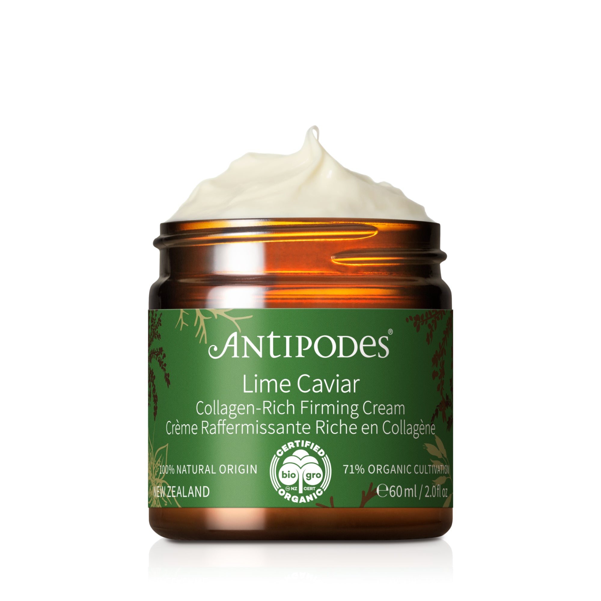 A jar of Antipodes Lime Caviar Collagen-Rich Firming Cream, with a green label indicating it is a natural product, 60ml size.