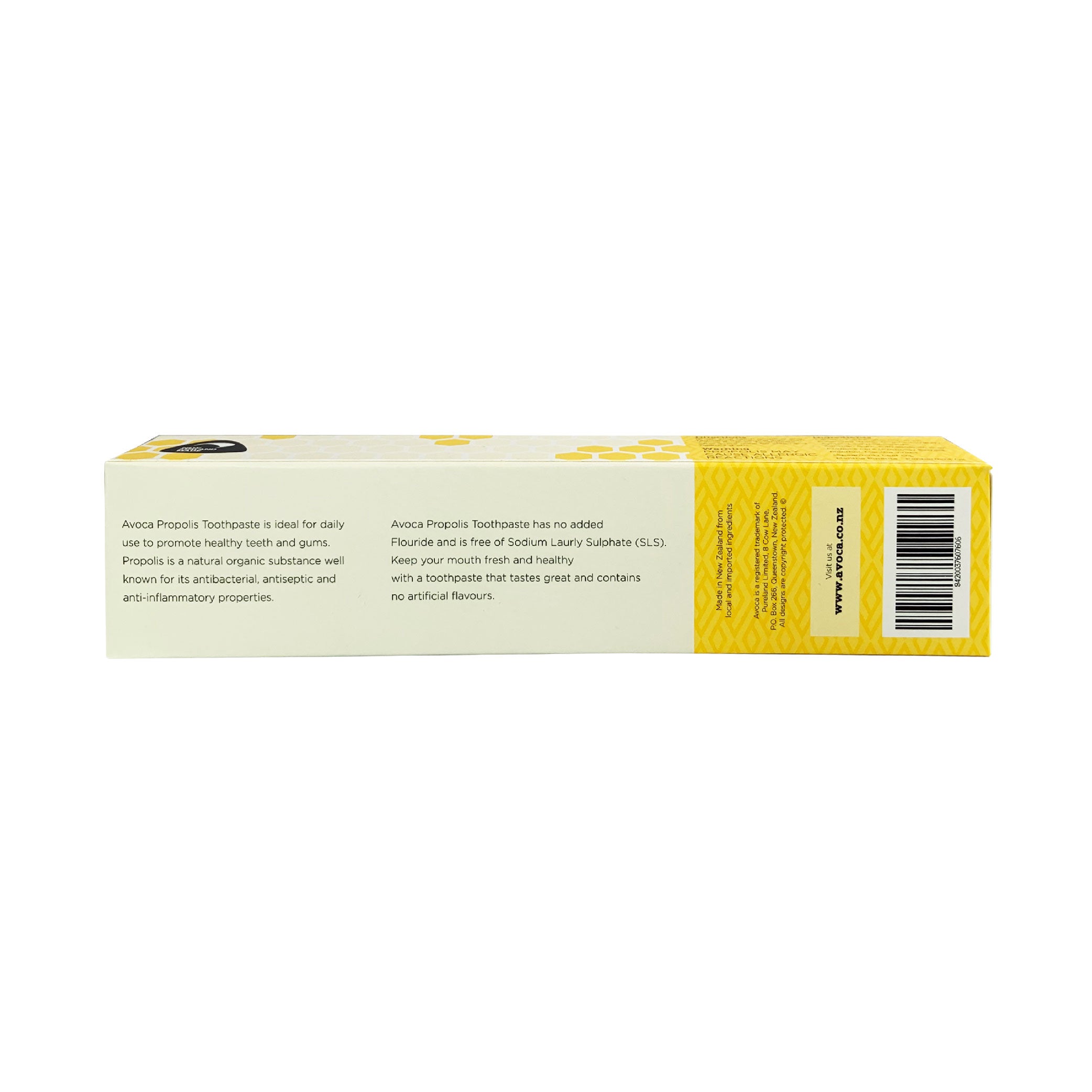 Yellow and white Avoca Propolis toothpaste tube packaging with text and a barcode on a white background