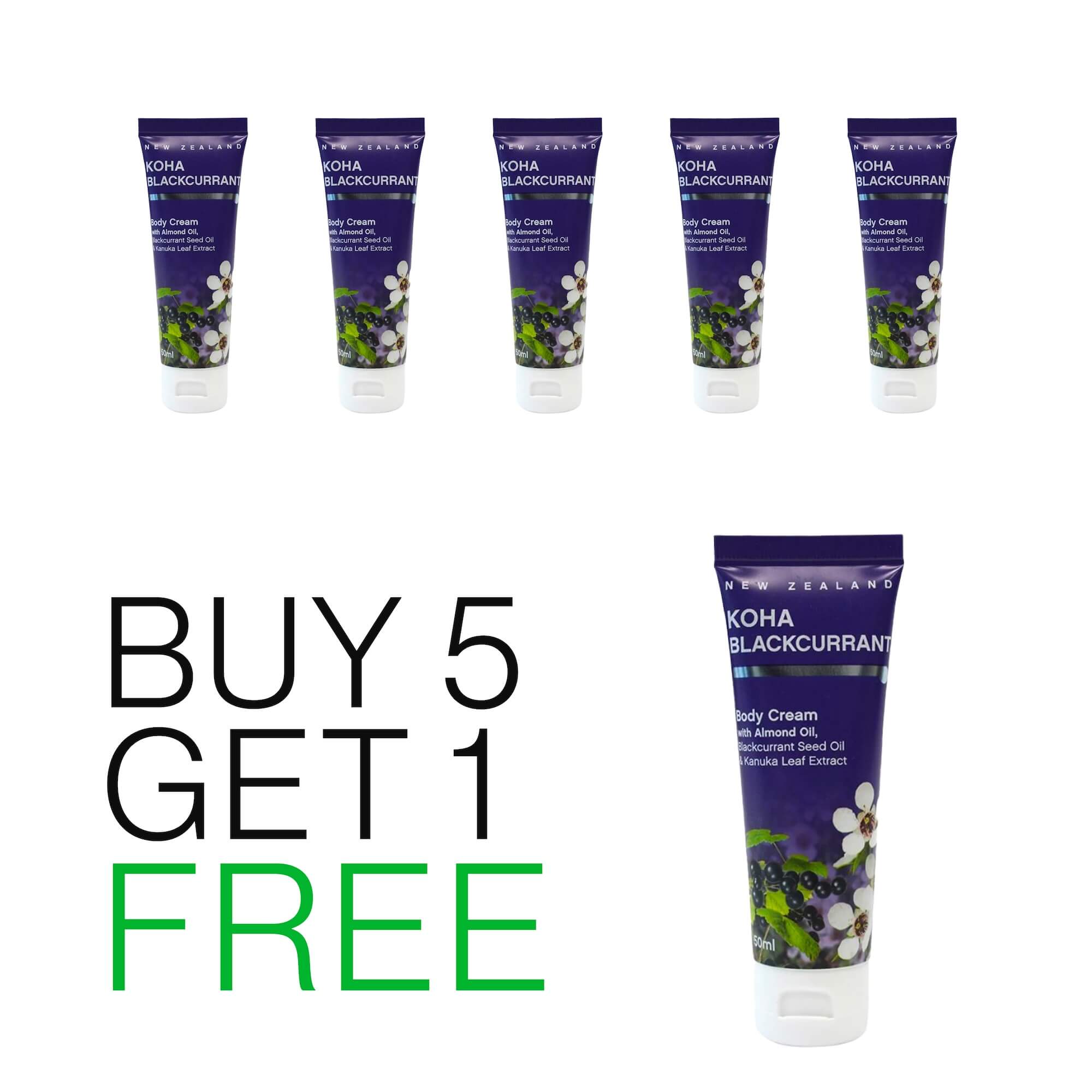 A set of five tubes of Blackcurrant Body Cream, each with a purple label, and a buy-one-get-one-free offer sign.