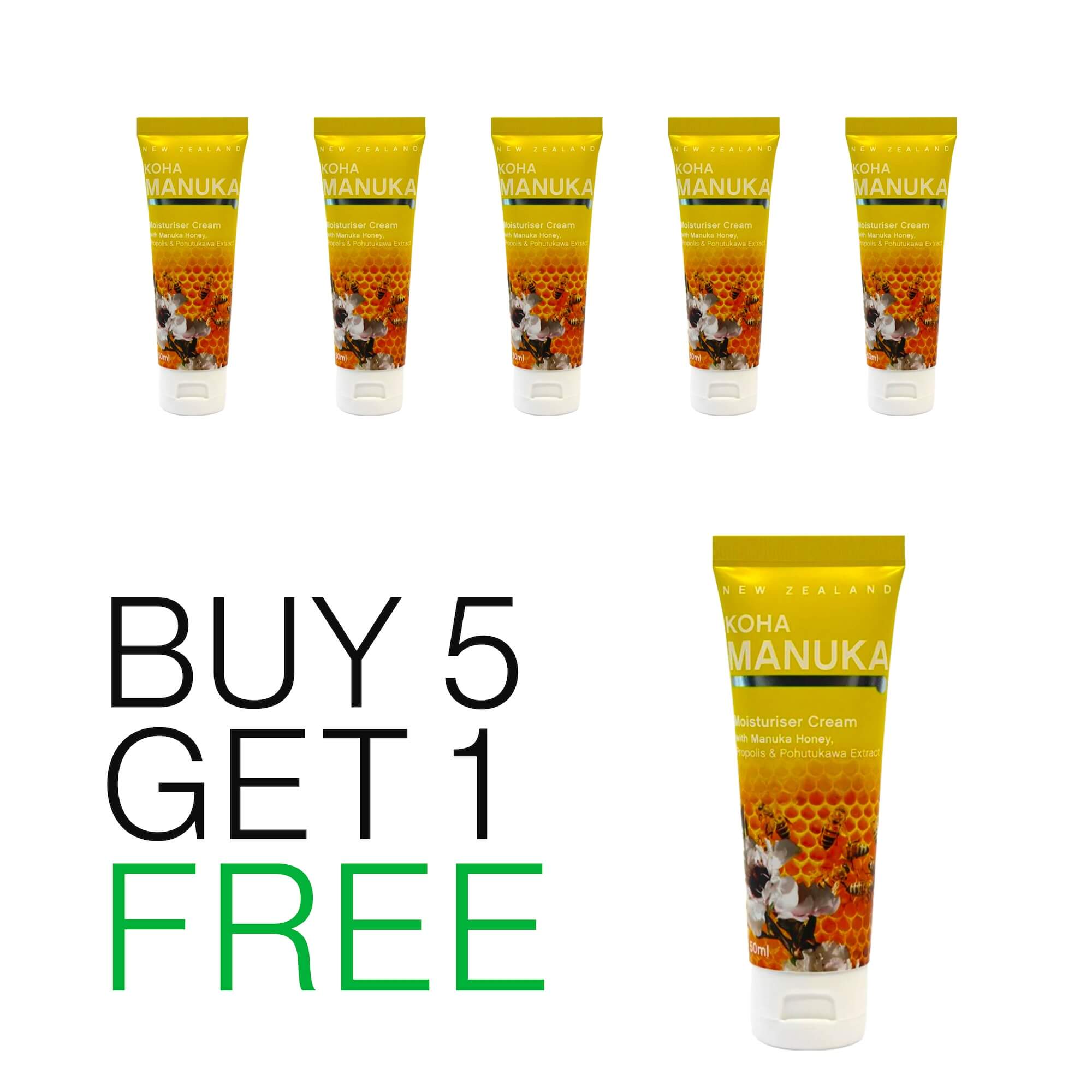 Five tubes of Manuka Moisture Cream with a buy 5 get 1 free offer, featuring yellow packaging with floral and honey-themed designs.