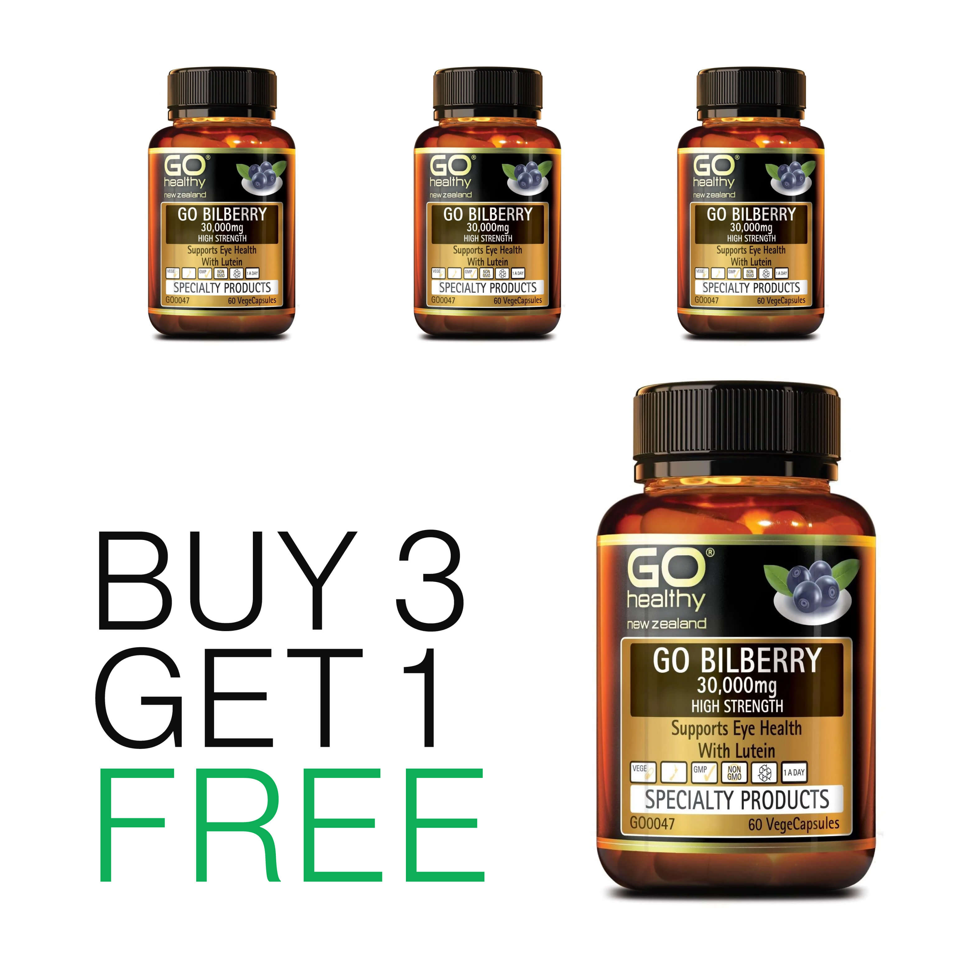 Buy 3 Get 1 Free - Go Healthy Bilberry 30,000mg 60 vege capsules