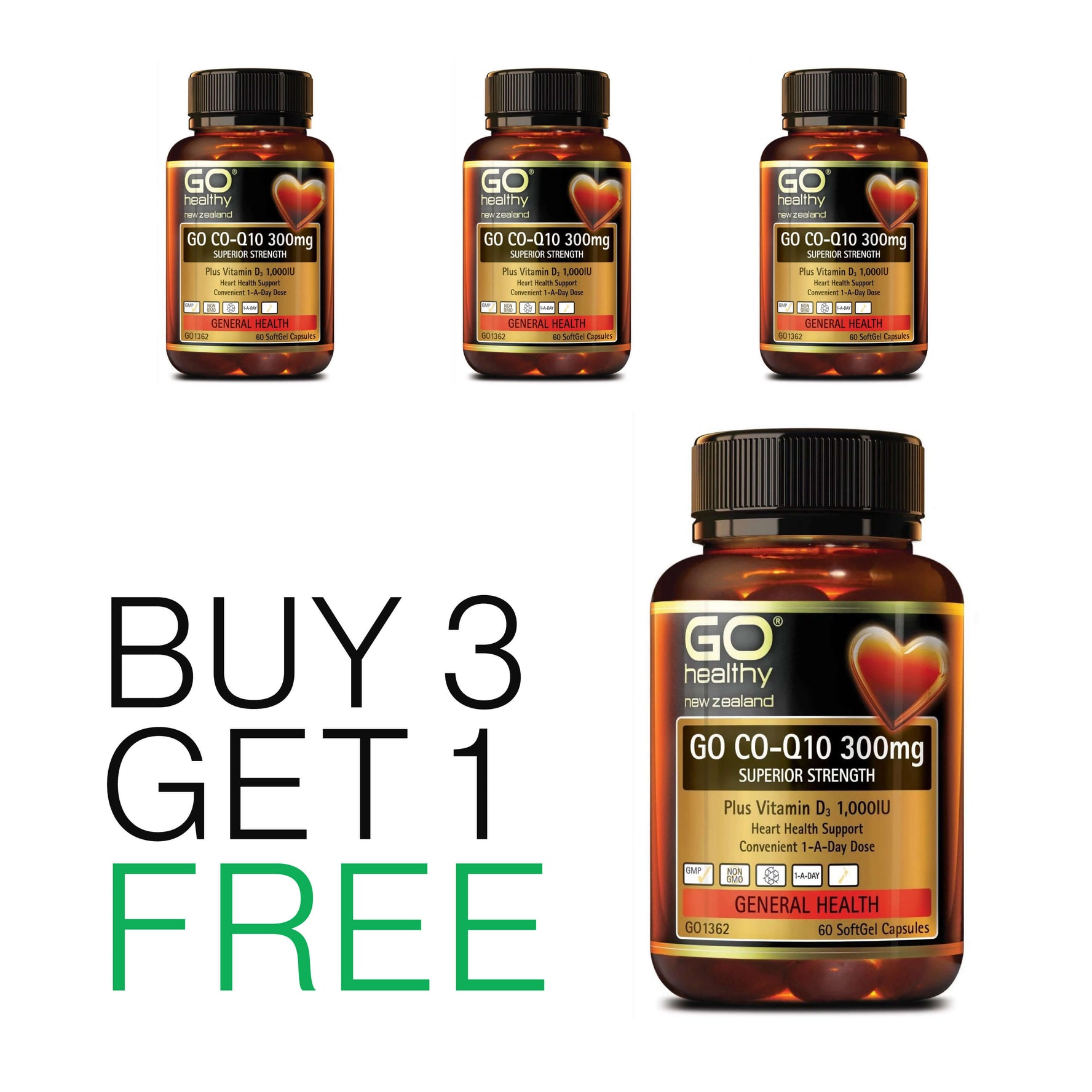 Buy 3 Get 1 Free - Co-Q10 300mg +VitD 1000IU 60 capsules