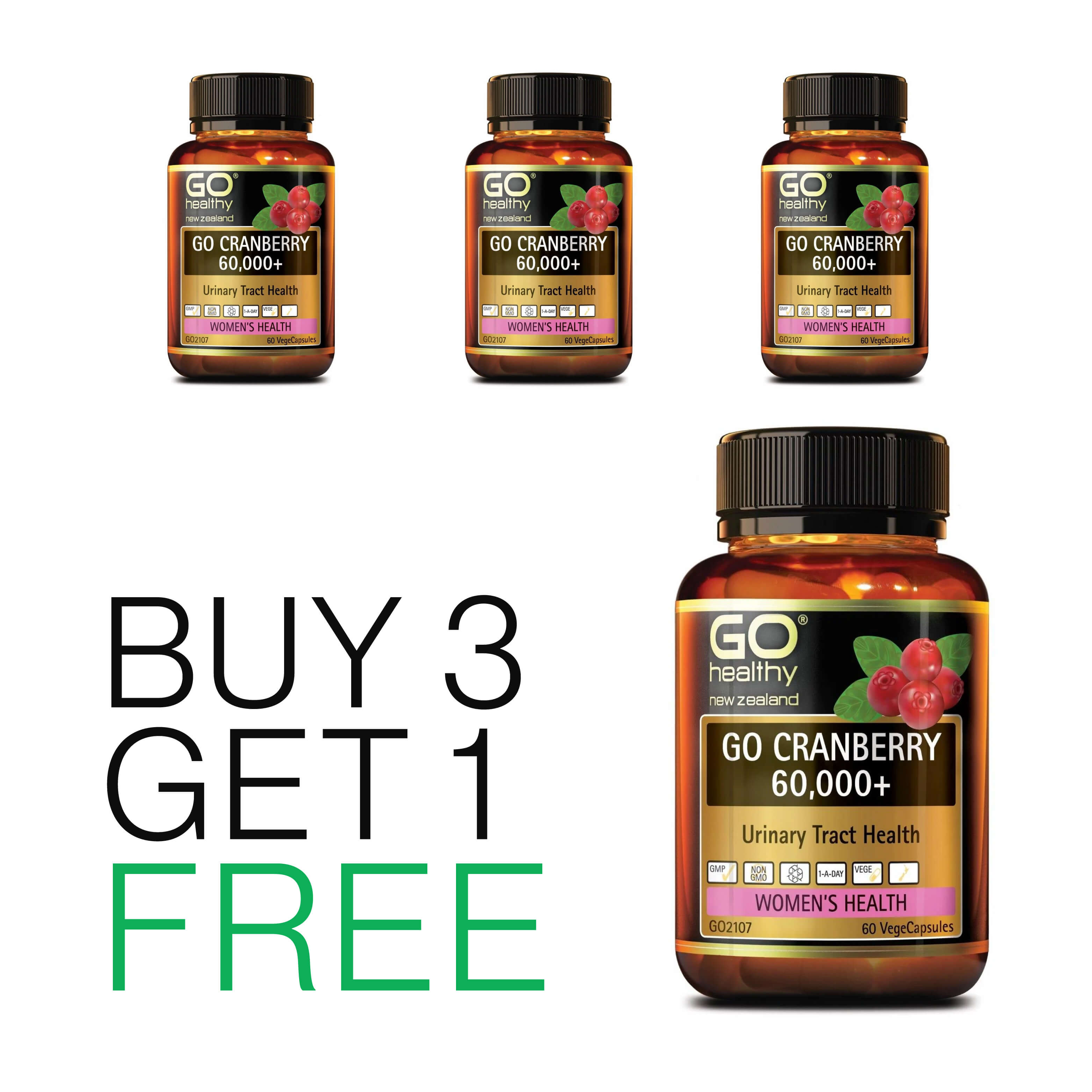 Buy 3 Get 1 Free - Go Healthy Cranberry 60,000+ 60 vege capsules