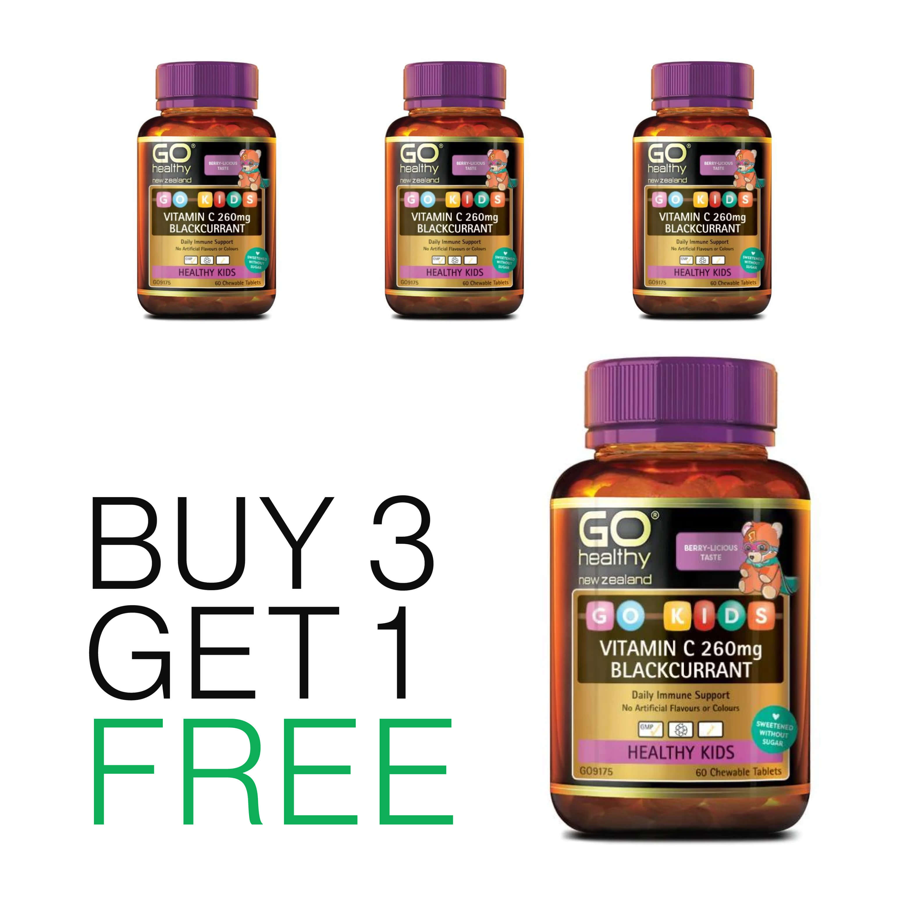 Buy 3 Get 1 Free - Go Healthy Kids Vita-C Blackcurrant 260mg 60 chewables tablets
