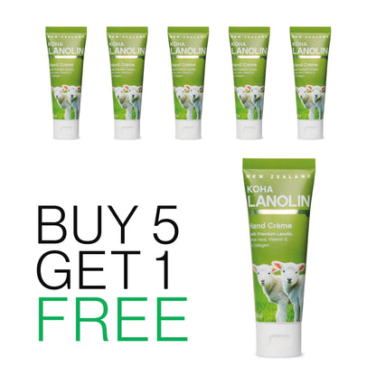 A set of five tubes of Koha Lanolin Hand & Body Lotion, each tube with a green label featuring a sheep's face. The text on the image indicates that one tube is buy-one-get-one-free.