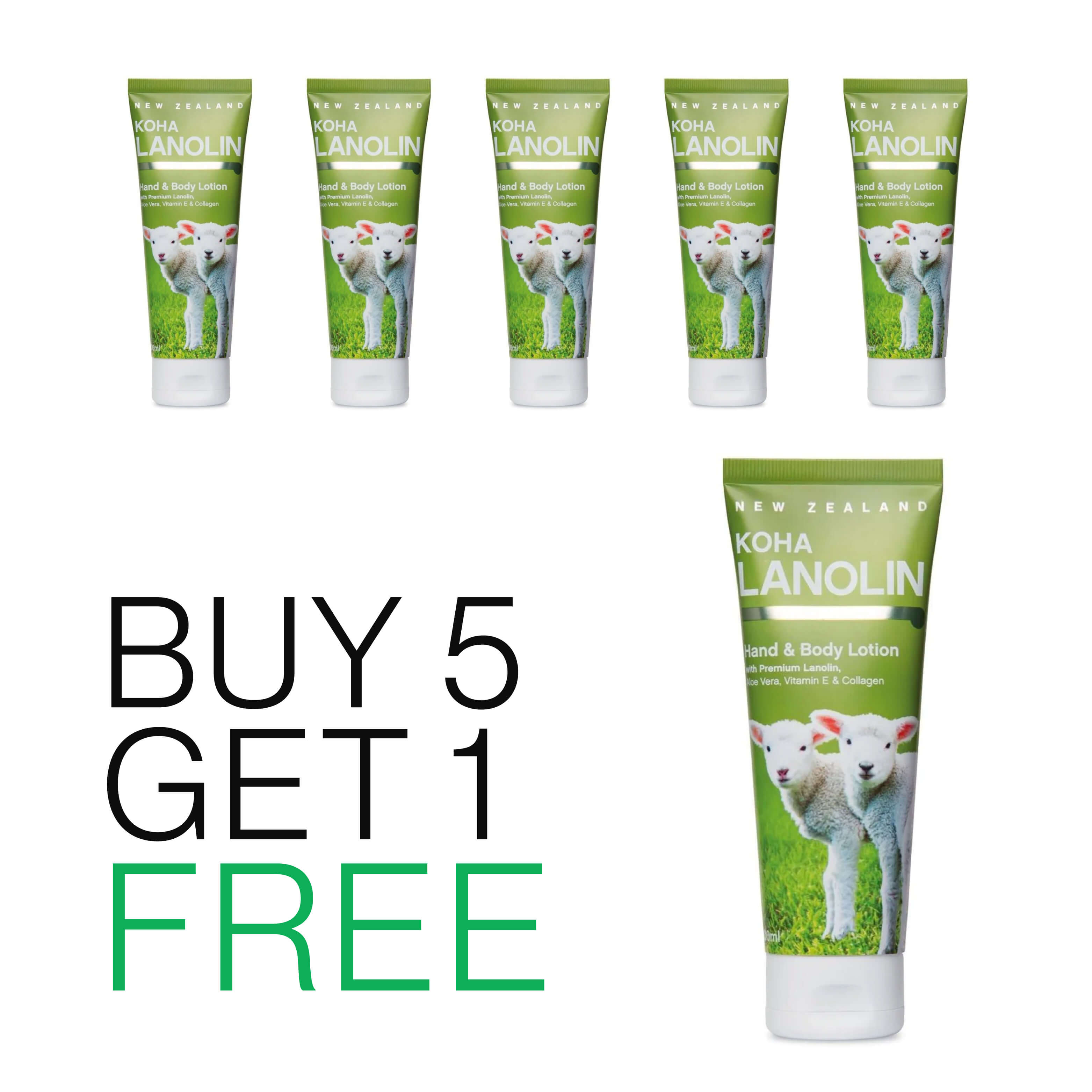 Five tubes of Koha Lanolin hand and body lotion with a promotional message on a white background.