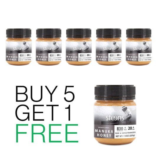 Buy 5 Get 1 Free - Steens Wellbeing Raw Manuka Honey UMF20+ 225g