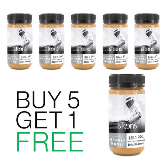 Buy 5 Get 1 Free - Steens Wellbeing Raw Manuka Honey UMF20+ 500g