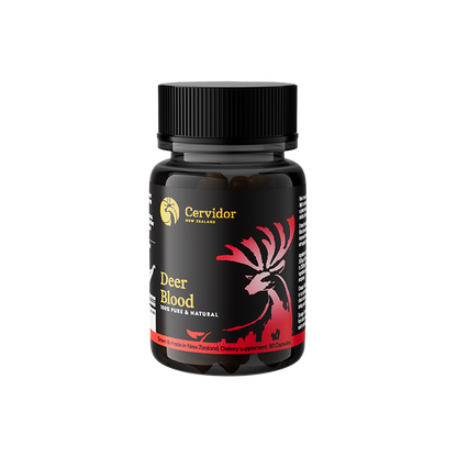 A black bottle of Cervidor Deer Blood with a black cap, featuring a label with a red deer graphic and yellow text, isolated on a white background.